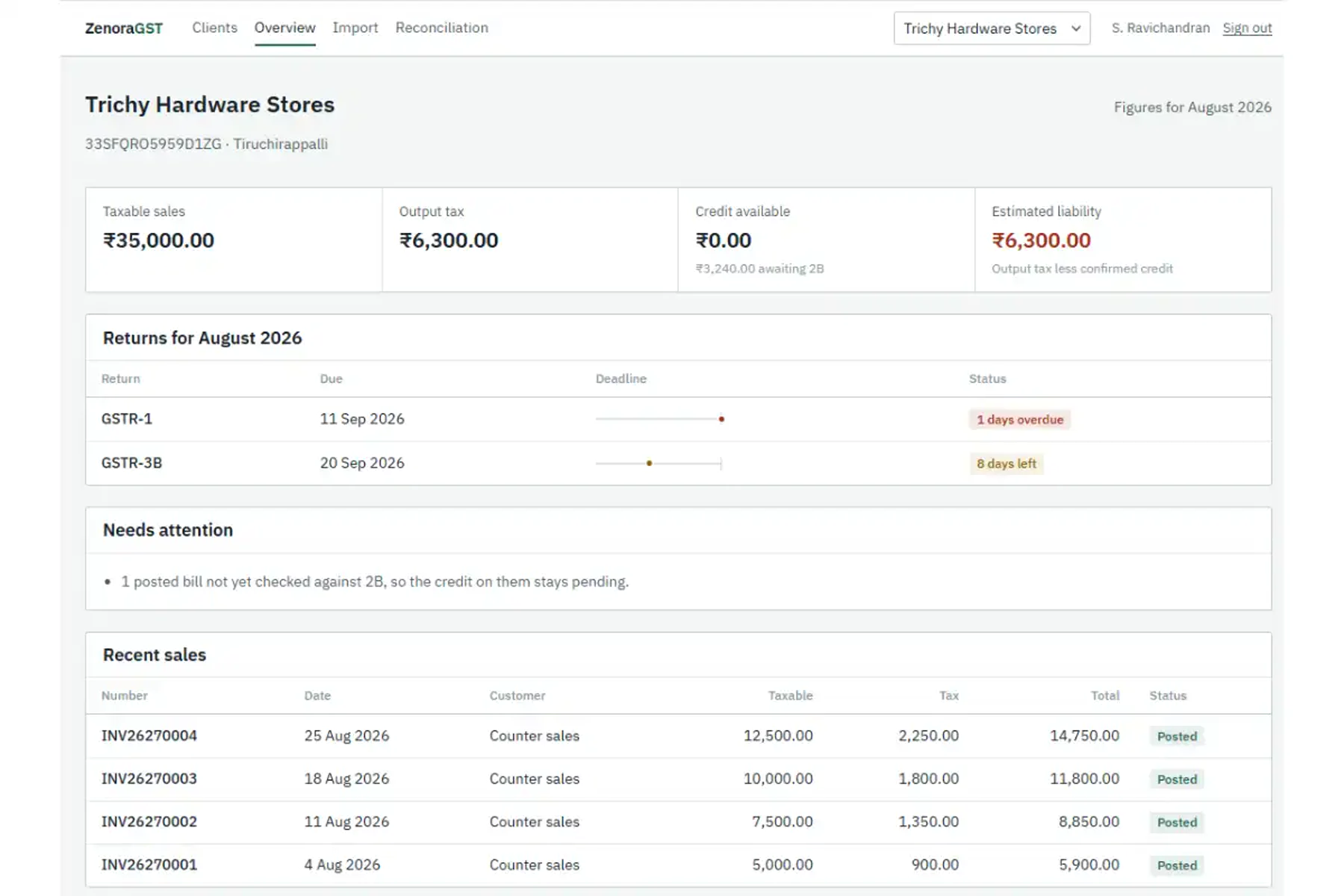 GST portal showing taxable sales, output tax, return filing deadlines and recent sales
