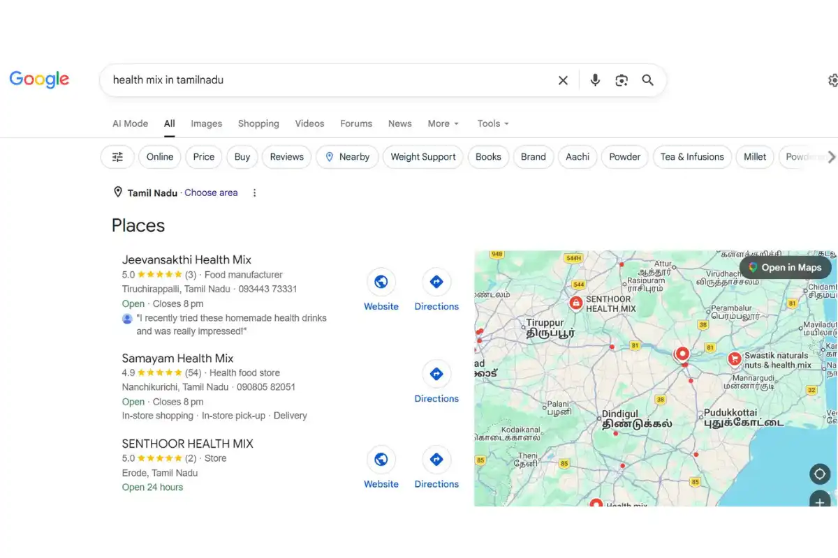 Google search results showing Jeevansakthi Health Mix ranked first in the Places pack