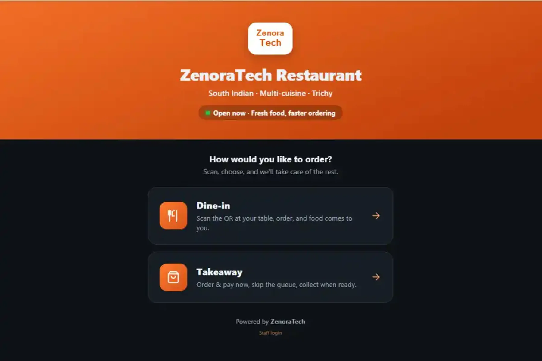 QR restaurant ordering screen with dine-in and takeaway options